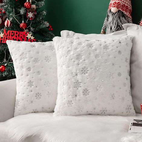 Weihnachtskissenbezüge, weiches Kunstfell aus Polyester, dekorativ mit glänzenden Schneeflockenmustern, modernes Dekor für Wohnzimmer, Büro, Sofa, 2 Stück, 43 x 43 cm, Weiß (1/4)
