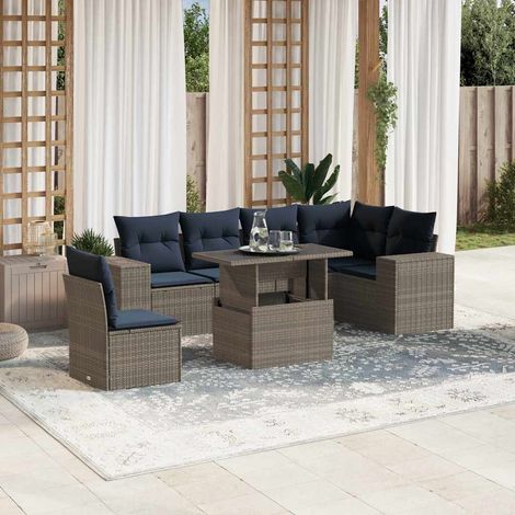 7-teiliges Gartensofa-Set mit Kissen, grau, Polyrattan (1/5)