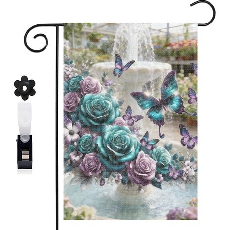 Drapeau vertical ambiance mystérieuse et roses turquoise 30 x 45 cm décoration jardin d'été (1/5)