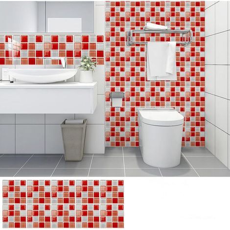 10pcs Crédence Cuisine Mosaïque Rouge Autocollants Carrelage Cuisine Et Salle De Bain, Adhesif Pour Carrelage Mural, Imitation Faience,Décoration Murale Pvc Imperméable 10X10Cm