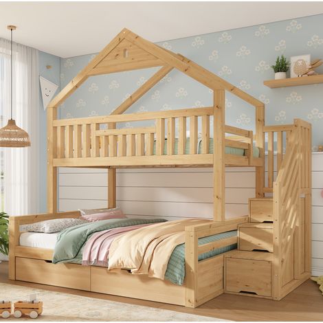 MODFU – Letto a castello per bambini 90x200 e 140x200 cm in legno con scala contenitore, 2 cassetti, EN 747 e carico 120/150 kg – Rovere (1/5)
