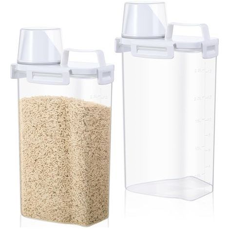 Set aus 2 x 3-Liter-Einstreubehältern mit luftdichten Deckeln und Griffen. Der Einstreubehälter verfügt über einen Ausgießer. Robuster, wiederverschließbarer Eimer für grobes Getreide, Reis oder ander (1/5)