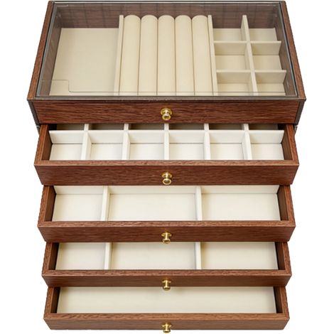 Boîte de rangement de bijoux minimaliste, doublure en velours de bois, organisateur de grande capacité pour bagues, colliers, boucles d'oreilles, 5 niveaux (1/5)