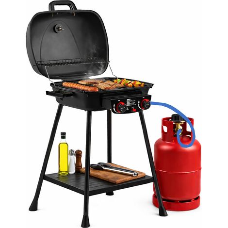 Barbecue a gas 2 fuochi bbq con accensione piezo e mensola portaoggetti con griglie in ghisa - compatto e stabile
