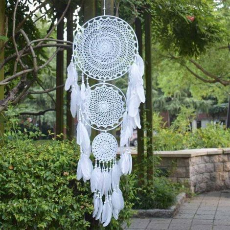 Large 3 Circle Dream Catcher White Feathers Macrame Hanging Dreamcatcher for Vintage Wedding Decoration Circle MUMU (1/4)