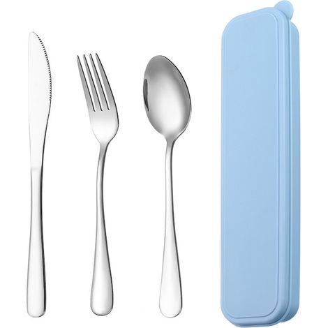 Lot de 3 couverts de voyage en acier inoxydable, argent et bleu, set de table portable pour pique-nique et camping (1/5)