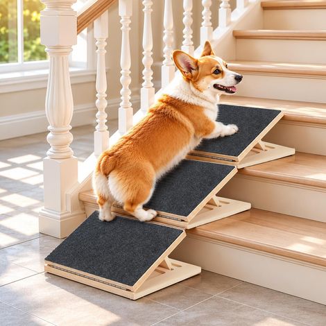 Lot de 3 rampes d'escalier réglables pour chiens avec surface en moquette, escalier pour chien à angle bas avec repose-pieds pour petits chiens et animaux domestiques (1/5)