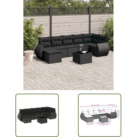 The Living Store 8-tlg. Garten-Sofagarnitur mit Kissen Schwarz Poly Rattan - Gartenmöbel Set - PE-Rattan Möbel - Outdoor Lounge - Gartenlounge - Esstischset (1/3)