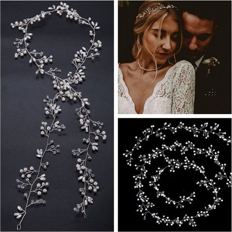 Bride Rose Or et Argent Long Collier Perles Cristal Cheveux Vigne Tête Noce Accessoire Bandeau Bijou Cheveux (100cm)