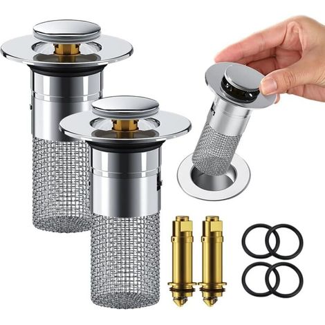 Bouchon de lavabo de salle de bain, attrape-cheveux, filtre de vidange pop-up avec panier filtrant amovible en acier inoxydable (1/5)
