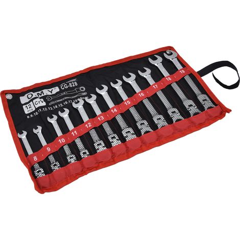 Jeu de 12 clés à cliquet mixtes métriques en acier chrome vanadium 8-19 mm avec sac de rangement et tête mobile