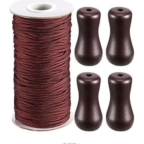 Cuerda trenzada marrón de 0,2 cm para persianas, rollo de 50 m, con 4 colgantes de madera marrón para persianas de aluminio, jardinería, plantas y manualidades (marrón)