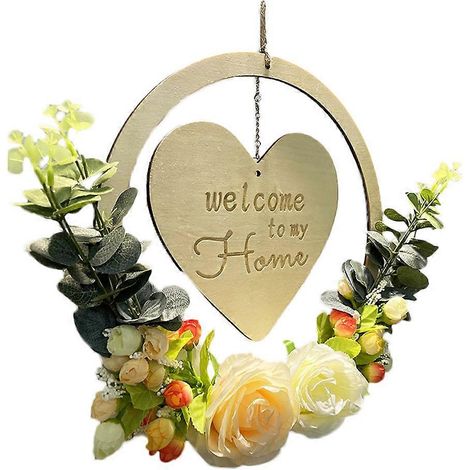 Panneau de bienvenue en bois décoratif (1 pièce), couronne à suspendre à la porte, panneau décoratif pour les fêtes (1/5)