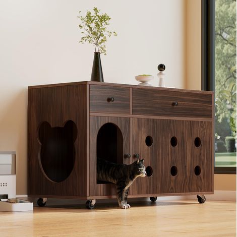 Mueble para arenero de gato 100x45x66 cm en paneles de madera marrón FloraGrace (1/5)