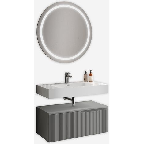 Mobile bagno sospeso con specchio tondo LED e lavabo 3 pezzi Venere - Grigio
