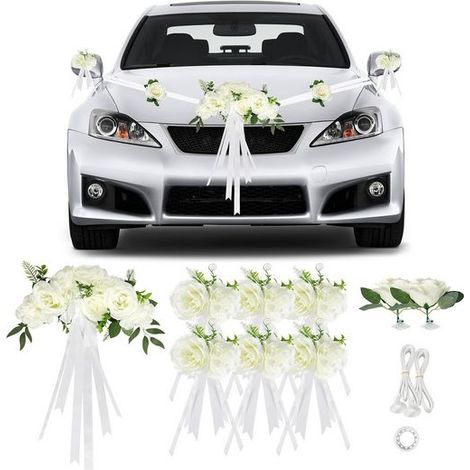 Décoration voiture mariage, ornement capot blanc 9 roses avec ventouses et rubans, set déco cérémonie (1/5)