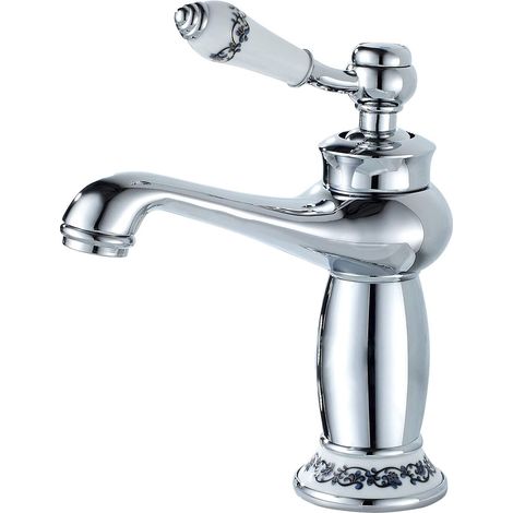 Mitigeur de lavabo,Robinet Salle Bain Monocommande Mitigeur Lavabo DéCoration Florale En CéRamique Robinet Lavabo Salle De Bain Robinet Lavabo,Chrome (1/5)