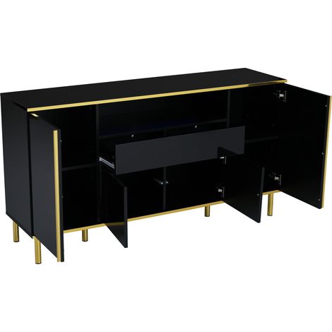 Aparador moderno negro brillante 150 x 40 x 80 cm con 4 puertas, 1 cajón y LED (1/5)