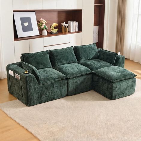 Canapé modulaire 3 places en tissu chenille vert sauge avec pouf (1/5)