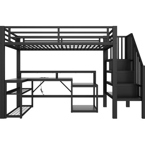Letto a soppalco 90 x 200 cm in metallo nero con scrivania, mensole, scala portaoggetti, LED e USB (1/5)