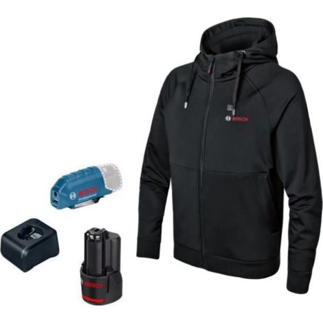 Felpa con cappuccio riscaldabile GHH 12+18V XA L, 1 x batteria GBA 12V 2.0Ah, caricabatterie