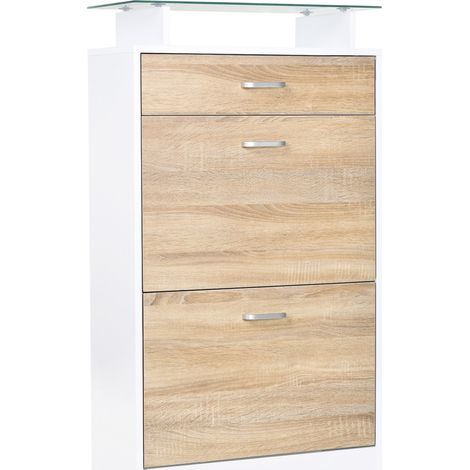 Zapatero para recibidor 60 x 24 x 105,5 cm con cajón y estante de cristal estilo de diseño en melamina roble claro 210002608 (1/5)