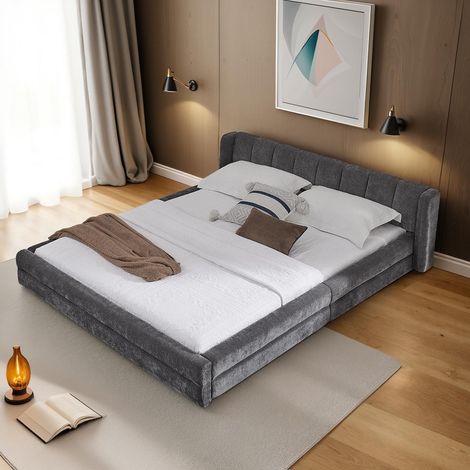 Lit double 140×200cm, tissu chenille, dossier confortable, cadre robuste en eucalyptus et fer, facile à monter, Gris foncé (sans matelas) (1/5)