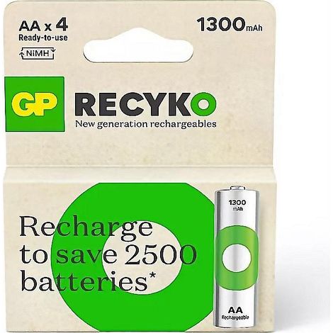 GP pilas recargables recyko r06 1300mh , Pilas recargables Recyko AA 1300 mAh NiMH 130AAHC/CB4. Las baterías GP recargables son todas redondas, potentes y adecuadas para una amplia