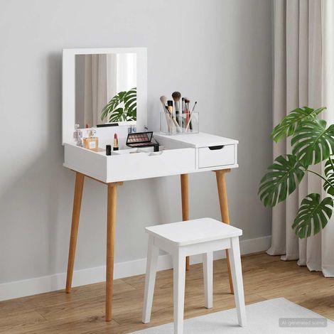 Coiffeuse blanche avec miroir rabattable, 2 tiroirs, bois et pin massif, 76 x 50 x 78 cm - PANGIVO (1/5)
