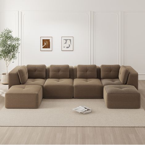 Divano angolare modulare marrone in velluto a coste con chaise longue, design antiscivolo e senza montaggio (1/5)