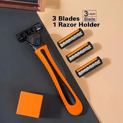rasoir electriques hommes-Lames de rasoir 3 couches pour hommes – Compatibles avec manches Gillette (1 manche orange + 3 lames couleurs assorties)