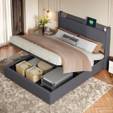 Letto contenitore 160 x 200 cm, letto 160x200 con rete, letto matrimoniale con porta USB, struttura letto con testiera, grigio scuro, rivestimento in lino (1/5)