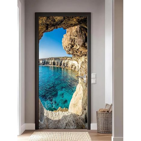 Paysage marin de la grotte Autocollant Porte Affiche 3D pour Cuisine Chambre Salle de Bain Auto-adhésif Amovible Murale Décoration 77X200cm (1/5)