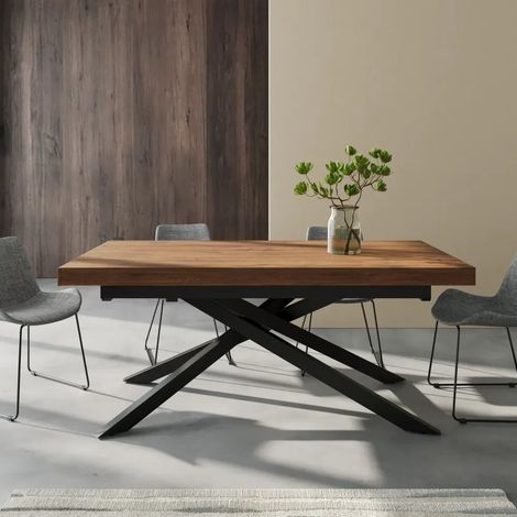 Tavolo allungabile a farfalla 180 240x90cm top in MDF rovere scuro e gambe incrociate in acciaio nero Jarl