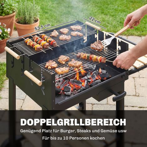 Chariot BBQ charbon avec grille ajustable sur 4 niveaux, 2 tablettes en bois, 2 roues, cendrier, 99,5 x 58 x 82 cm (1/4)