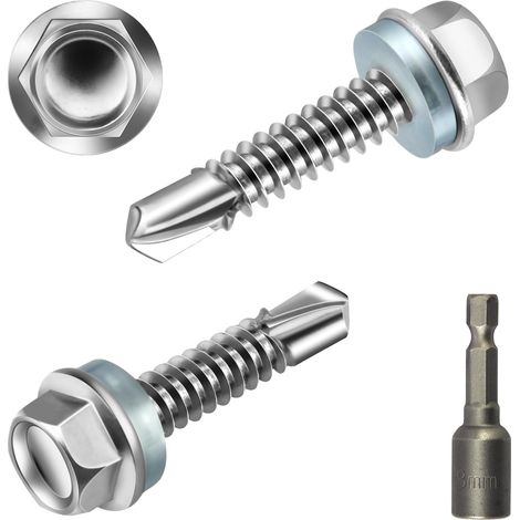 Lot de 40 vis à tôle auto-foreuses à tête hexagonale en acier inoxydable avec joint, 5,5 x 25 mm, pour tôle de toit, tôle trapézoïdale, acier, bois, avec 1 clé à douille (1/5)