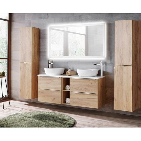 Badmöbelset mit Doppel-Waschtisch inkl. 2 Keramik-Aufsatzbecken TOSKANA-56 Wotaneiche Nachbildung inkl. LED-Touch-Spiegel, BxHxT ca. 250/190/46cm (1/5)