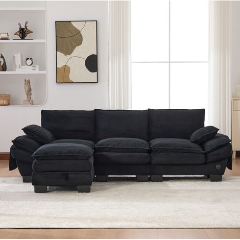 Sofá modular de 3 plazas 260x132x84 cm negro en pana con puff, USB-C y bolsillos laterales (1/5)
