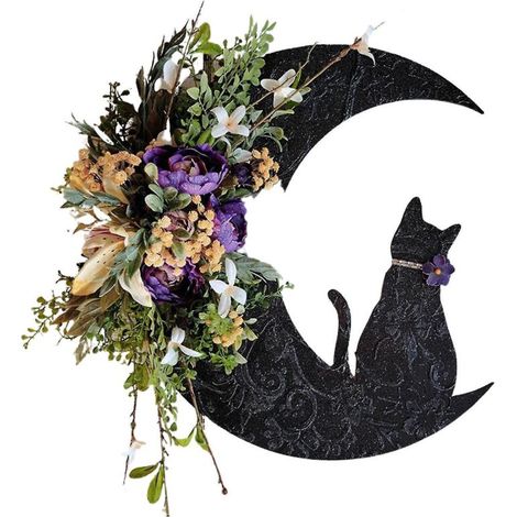 Mondkatzen-Kranz für Halloween, Türdekoration, Zweige, Kätzchen, Kunstblumen, Mondkatzen-Kranz - A1 (1/5)