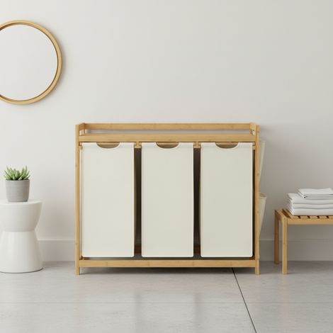 Trieur à linge 3 compartiments, grand panier 150 L avec étagère et poches latérales, blanc (1/5)
