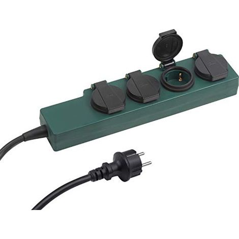 Meister 7435070 - Prolunga in gomma con protezione da contatto, per esterni, classe di protezione: IP44 a 4 vani, 1,4 m Verde/Nero (1/4)