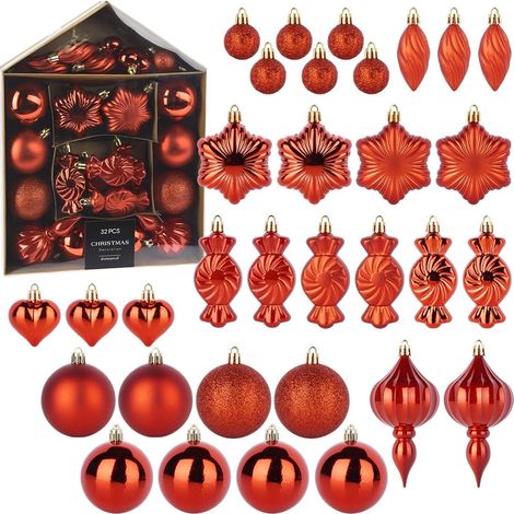 Rotes, bruchsicheres Weihnachtsschmuckset, 32-teilig