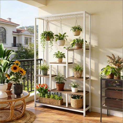 Mueble de Almacenamiento Tipo Escalera con 7 Estantes y 6 Ganchos, para Salón y Balcón, 108 × 37 × 19 cm (1/5)