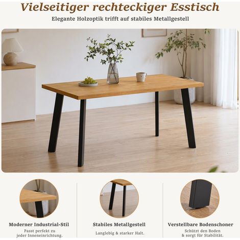 GOEURVANT Esstisch Wildeiche-Optik – Rechteckiger Küchentisch im Industriestil mit schwarzem Metallgestell & verstellbaren Bodenschonern (1/4)