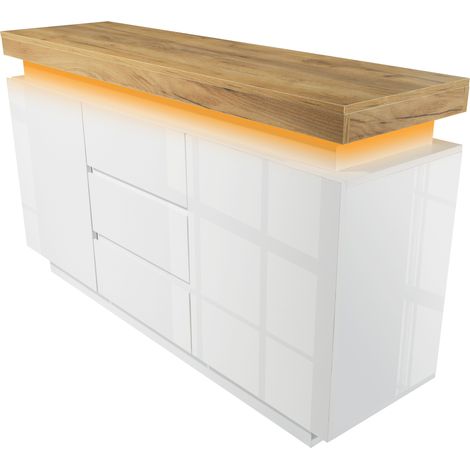 Commode blanche brillante avec LED, 2 portes et 3 tiroirs, 81 x 140 x 39 cm