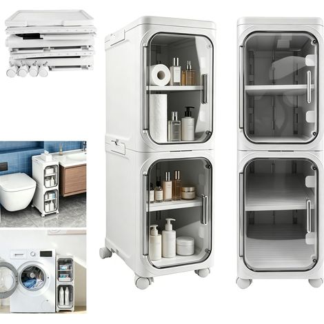 Armoire de Rangement de Salle de Bain Pliable, Armoire de toilette Mince à 2 niveaux avec Porte à Joint Magnétique, Étagères Amovibles et Roues Verrouillables, Unité de Rangement Étroite Autoportante (1/5)