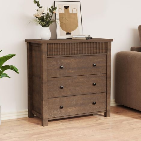 Commode 3 tiroirs style cannelé noyer en bois H82 x L80 x P40 cm, rangement élégant chambre salon entrée couloir (1/5)