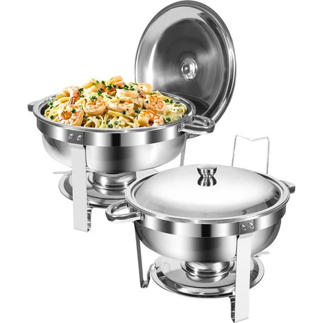Chafing Dish Buffet Set 5L,Lot de 2pcs Acier Inoxydable,Argenté Buffet Chauffant Rond, Acier Inoxydable, Design à Bords roulés, Pour Catering, Buffet et fête