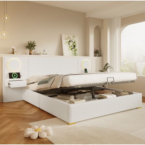 Letto contenitore 180x200 cm in velluto beige con testiera LED e porte USB HAVRYA (1/5)