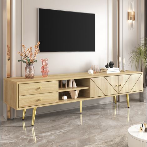 TV-Schrank MDF/Spanplatte in Holzoptik, Holzfarbe, 160,0 x 36,0 x 42,0 cm, 2 Schubladen, 2 Türen, goldfarbene Metallfüße (1/5)